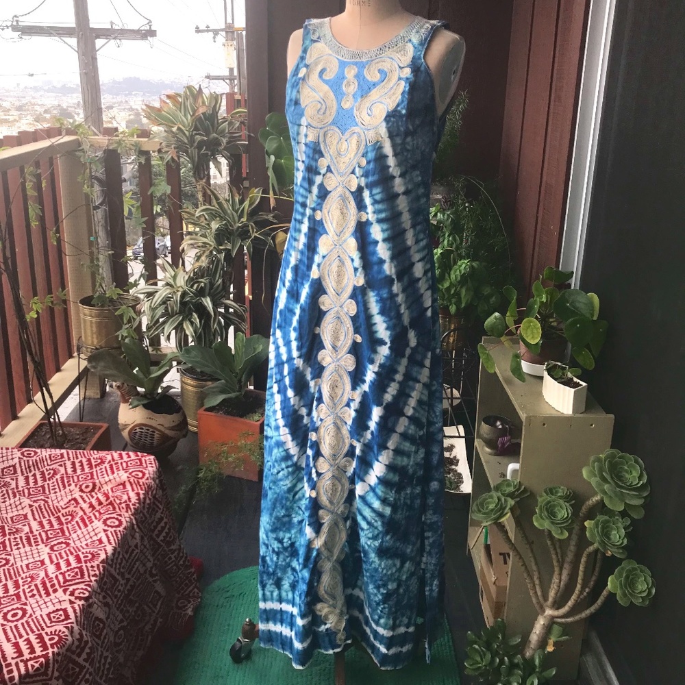 Indigo Shibori Tie Dye Dress Gown 6 8 M Vintage - Picture 1 of 7